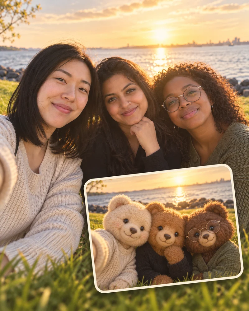 Three friends and their bear counterparts arranged as a little card