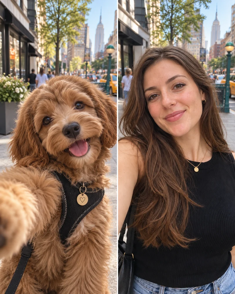 A single-person photo paired with a playful puppy counterpart