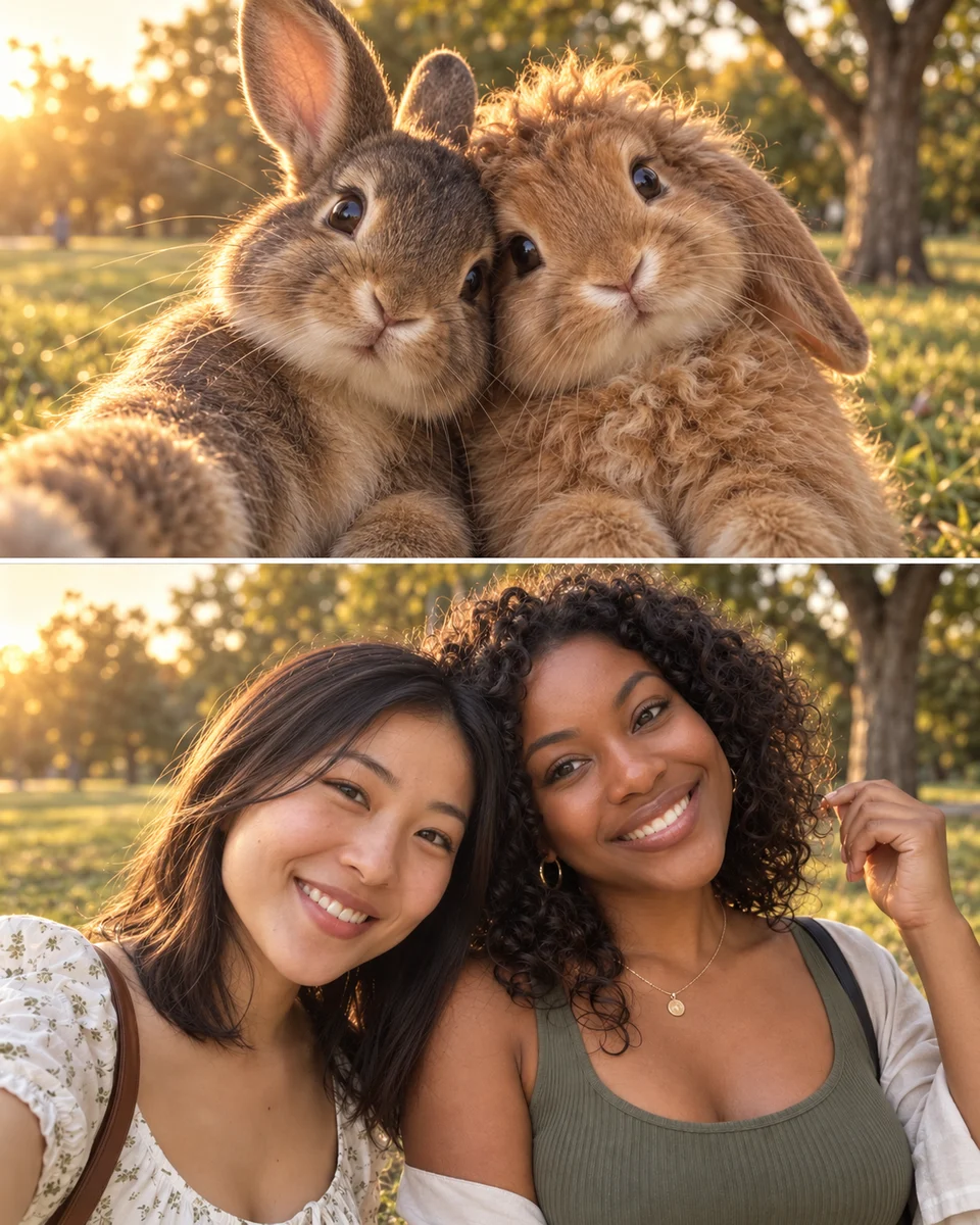 Two friends and their playful rabbit counterparts in a sunlit scene
